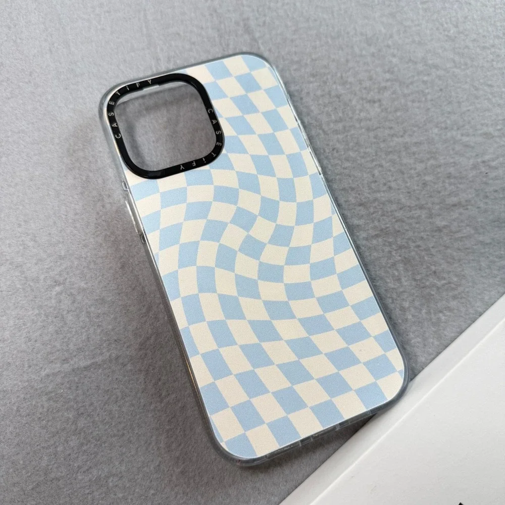 Casetify iPhone 14 Pro Max Case Baby Blue Checkered MagSafe Clear